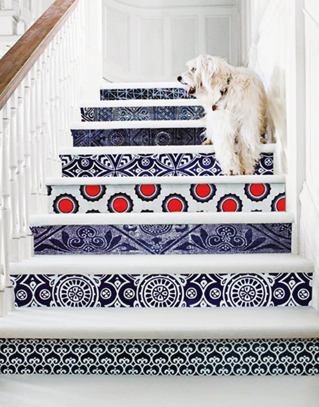 Blue and White Wallpaper Stairs decals ideas