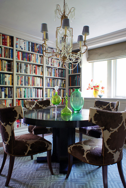 eclectic dining room with library