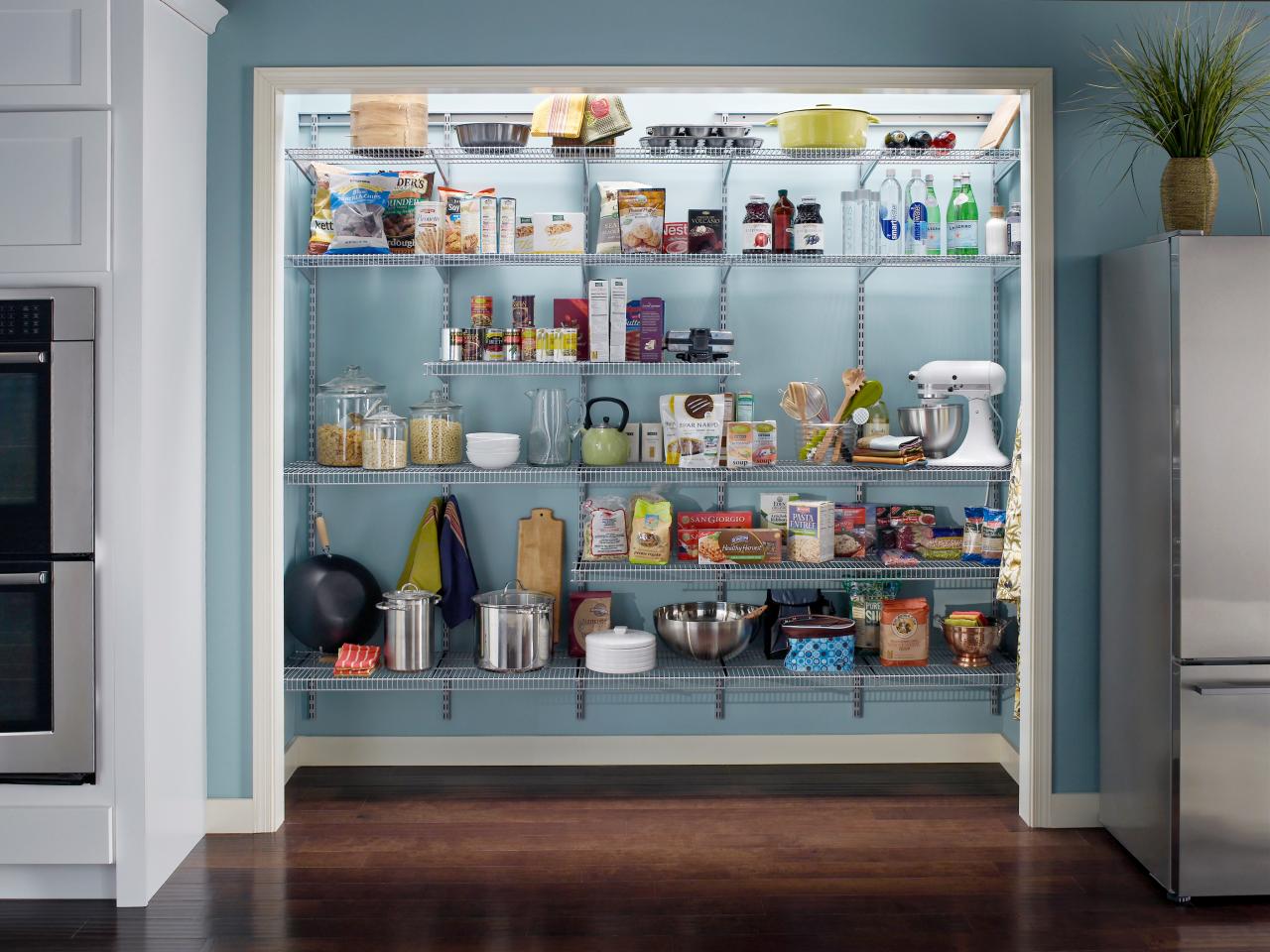 Adjustable wire shelving is an inexpensive product for customizing your pantry space.