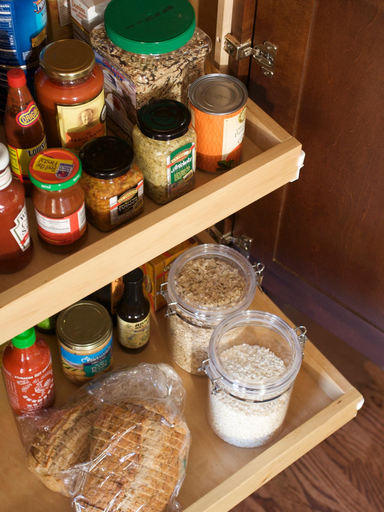Pullout shelves on lower cabinets help you access items that would otherwise be harder to reach.