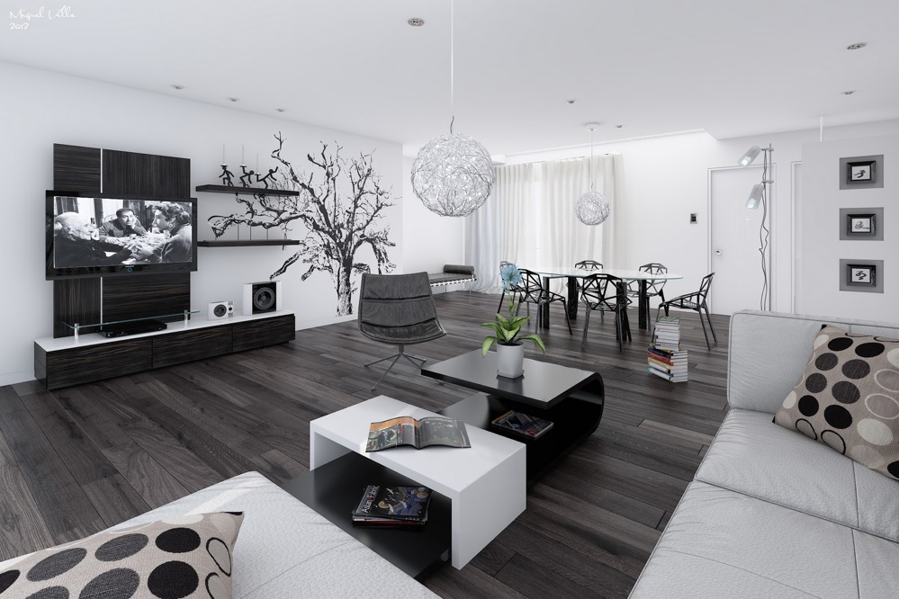 Black and white living dining room