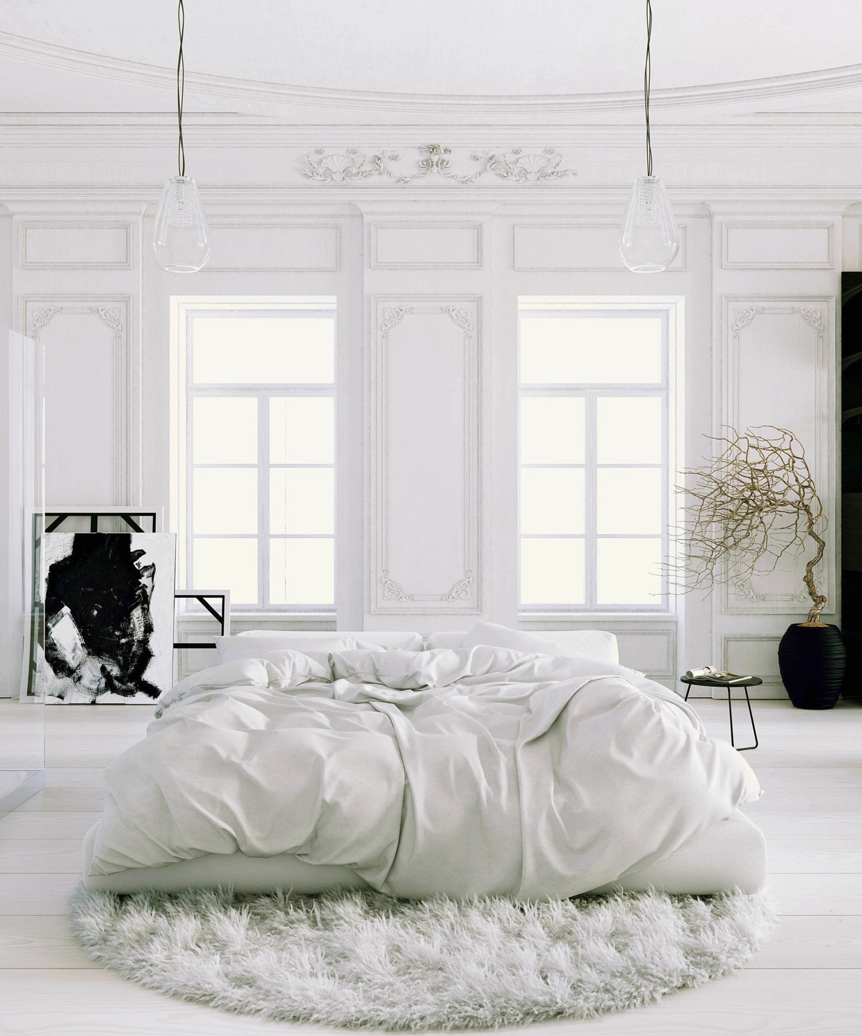 Parisian Apartment soft white bedroom with black accents and potted tree rug