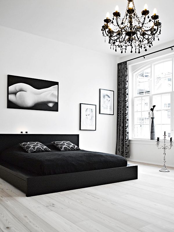 black white interior design bedroom