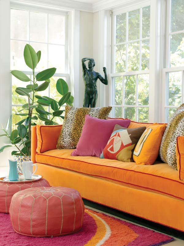 orange pink and leopard living room