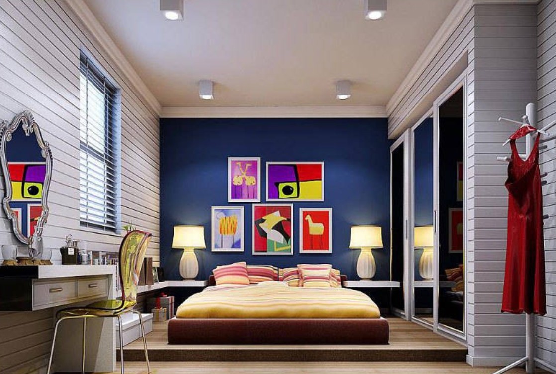 Dark blue background wall for modern bedroom