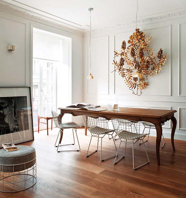dining room wood table Bertoia chairs