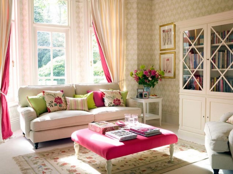 feminine living room white sofa big window book cabinet