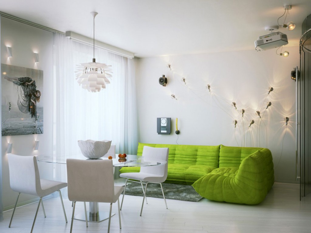 innovative lighting design in addition to terrific green living room sofa feat white dining chairs and glass