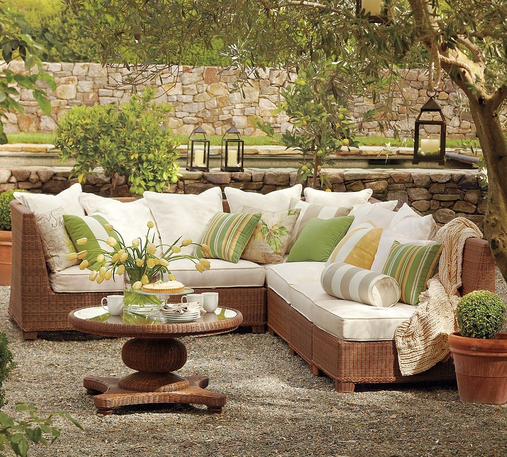 pottery barn outdoor green and beige furniture