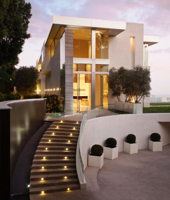 Exterior Design with Modern Outdoor Staircase and Used Modern Lighting Design Ideas