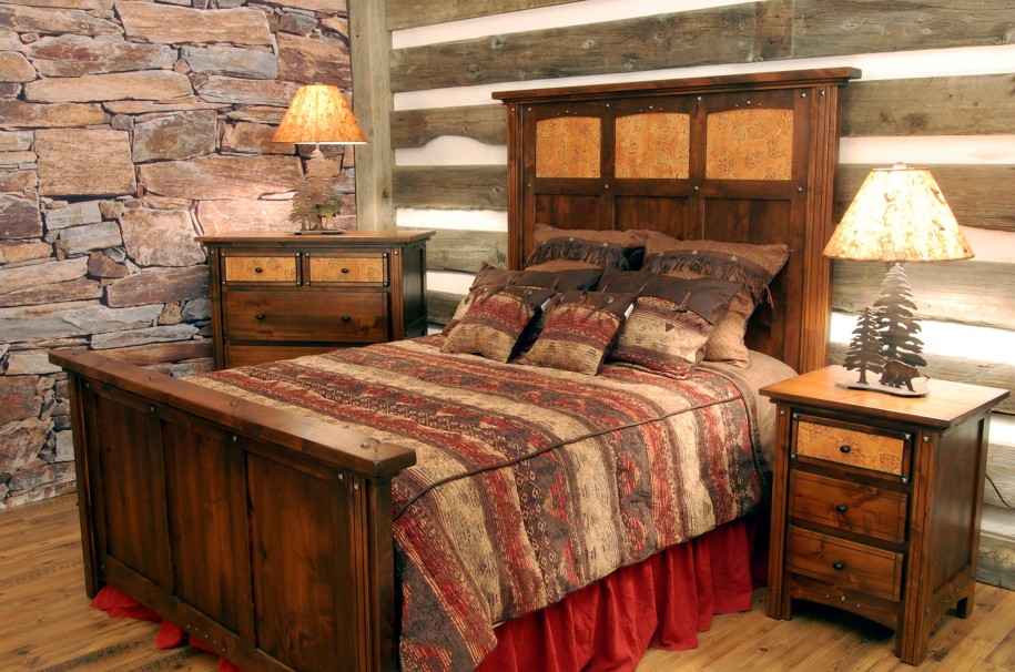 Fascinating wooden bed with high headboard and table for small bedroom