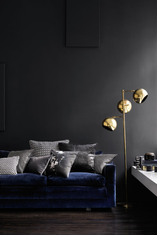Dark Wall living room furniture With Velvet Sofa and beautiful Pillow