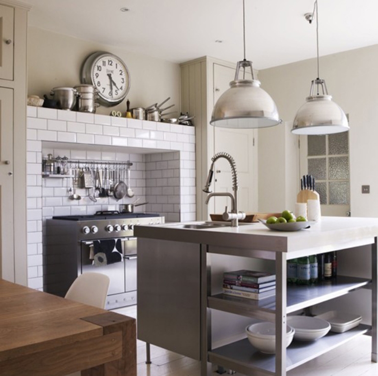 Scandinavian Industrial Kitchen With gorgeous lights and clock