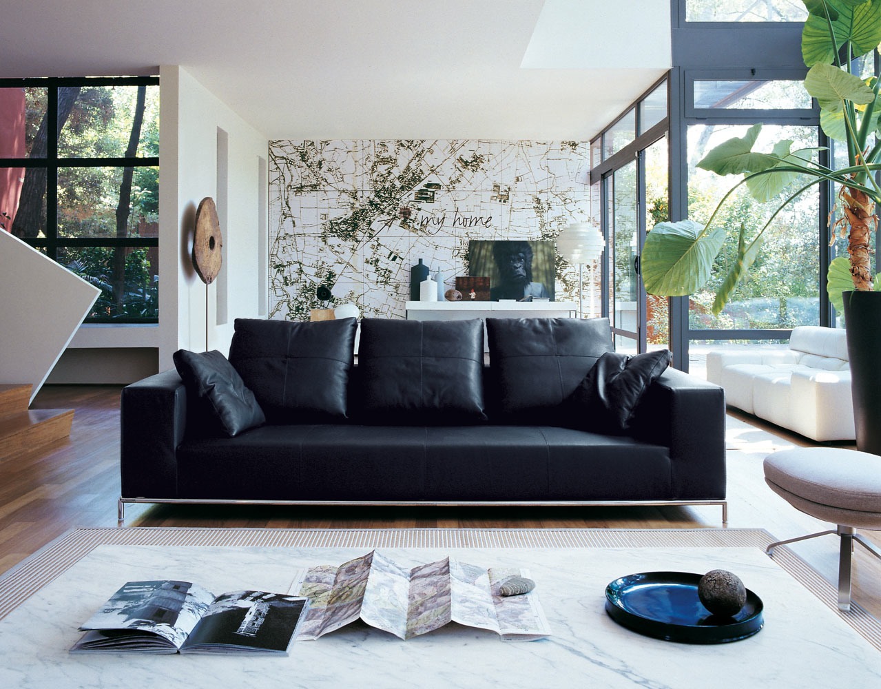 deluxe design black leather sofa white living room