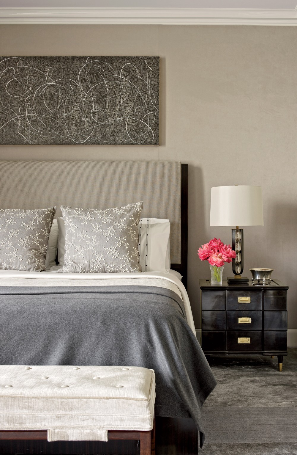 A Knoll Ultrasuede sheathes the master bedroom