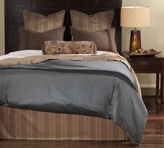 Sedgwick Bedset muted gold and copper stripes along with solid blue slate take on new character with finely detailed finishes.