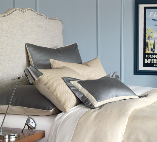 Slate blue and ecru pair. Stripes on the duvet and boudoir, an organic leafy silhouette on the accent pillow