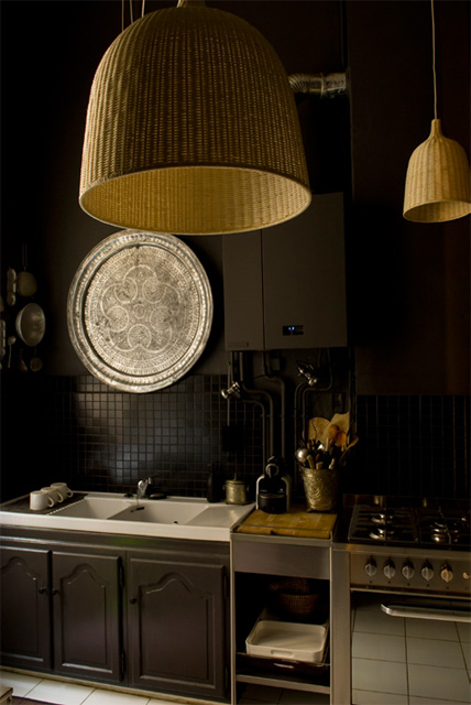 dark kitchen cabinets with white appliances