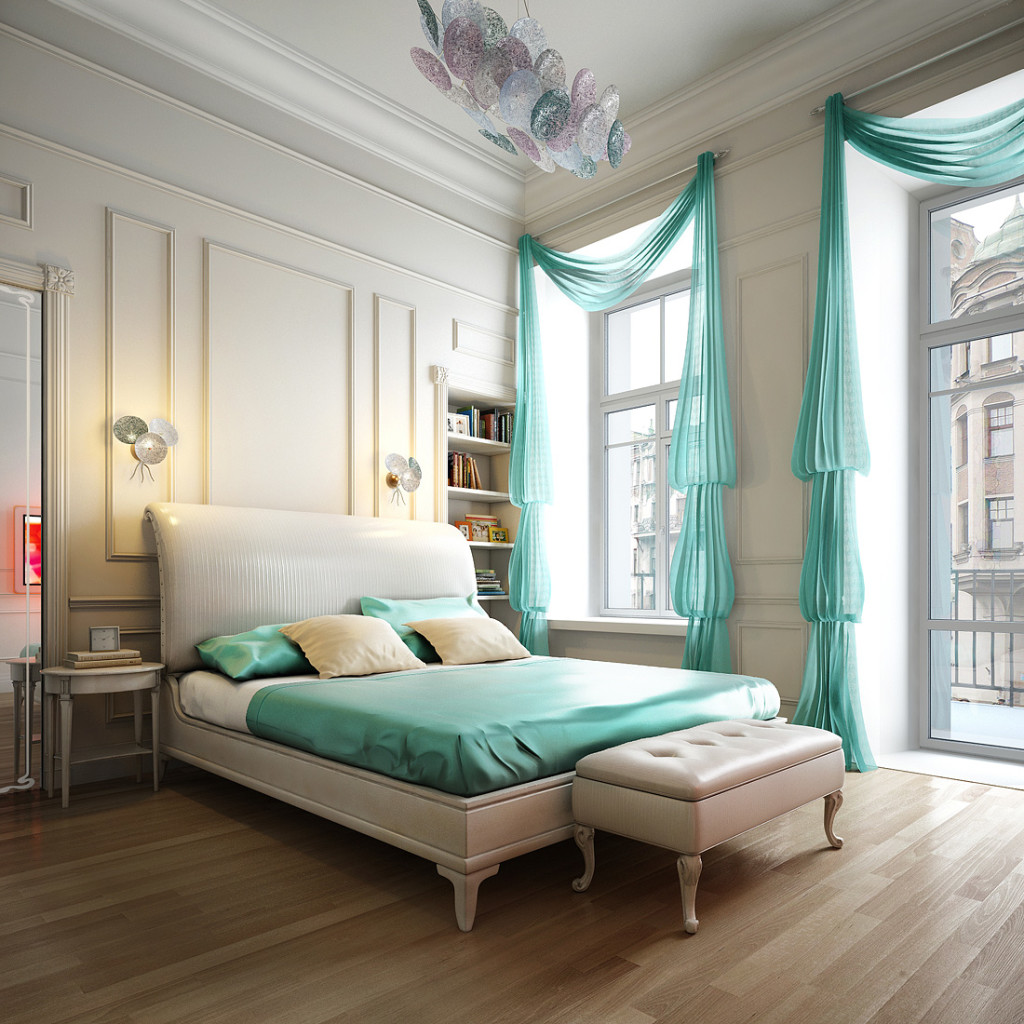 fashionable bedroom with green curtains bed cover, wooden floor, white lounge bench