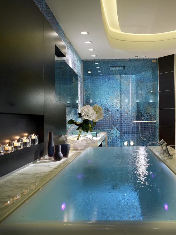 Calderin blue mosaic master bath infinity tub