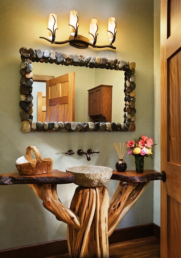 Rustic Log Bathroom Vanity With Pebbles Mirror Decoration