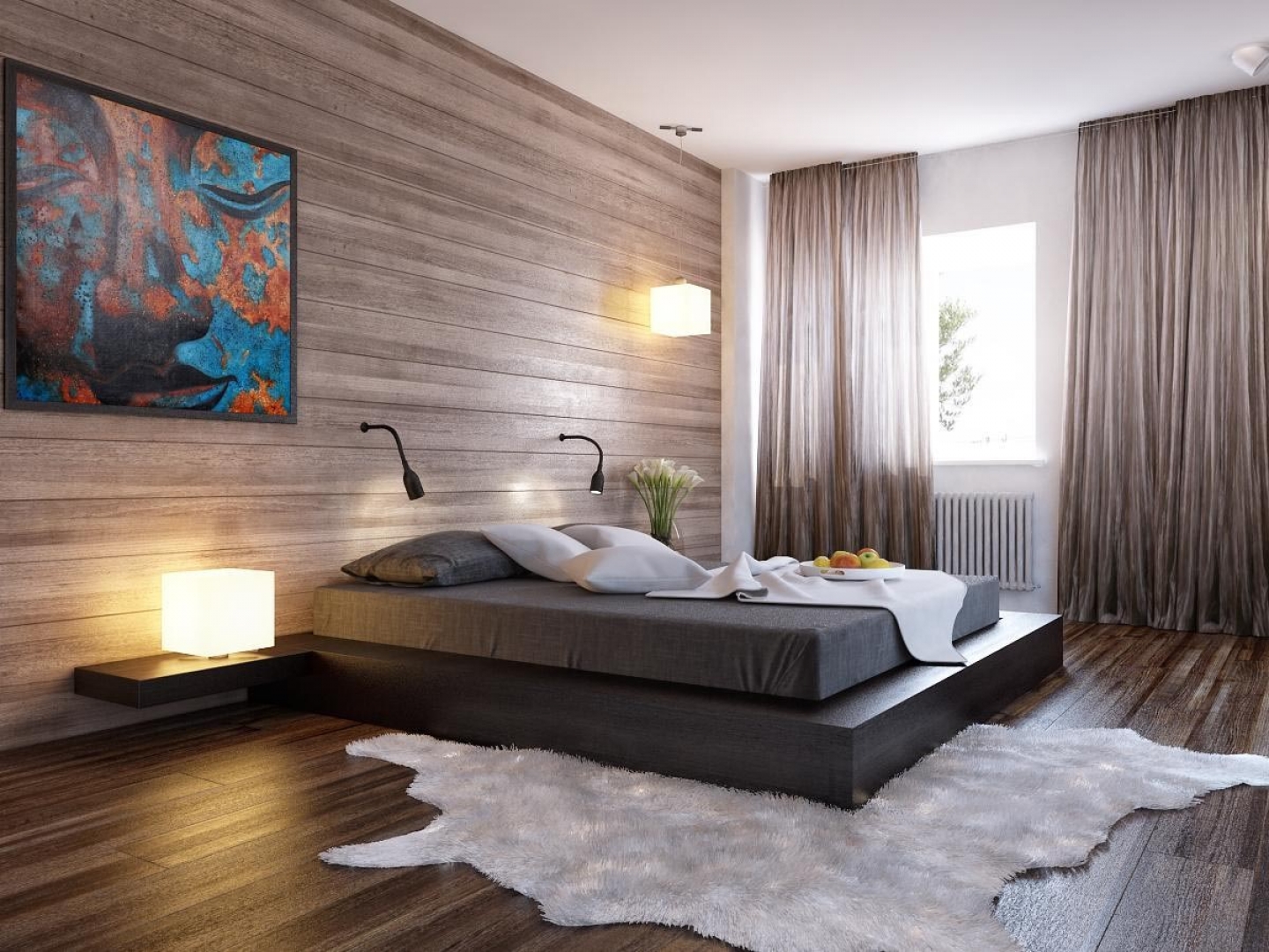 Modern bedroom with wood clad and brown wall painting beautiful flooring with white carpet