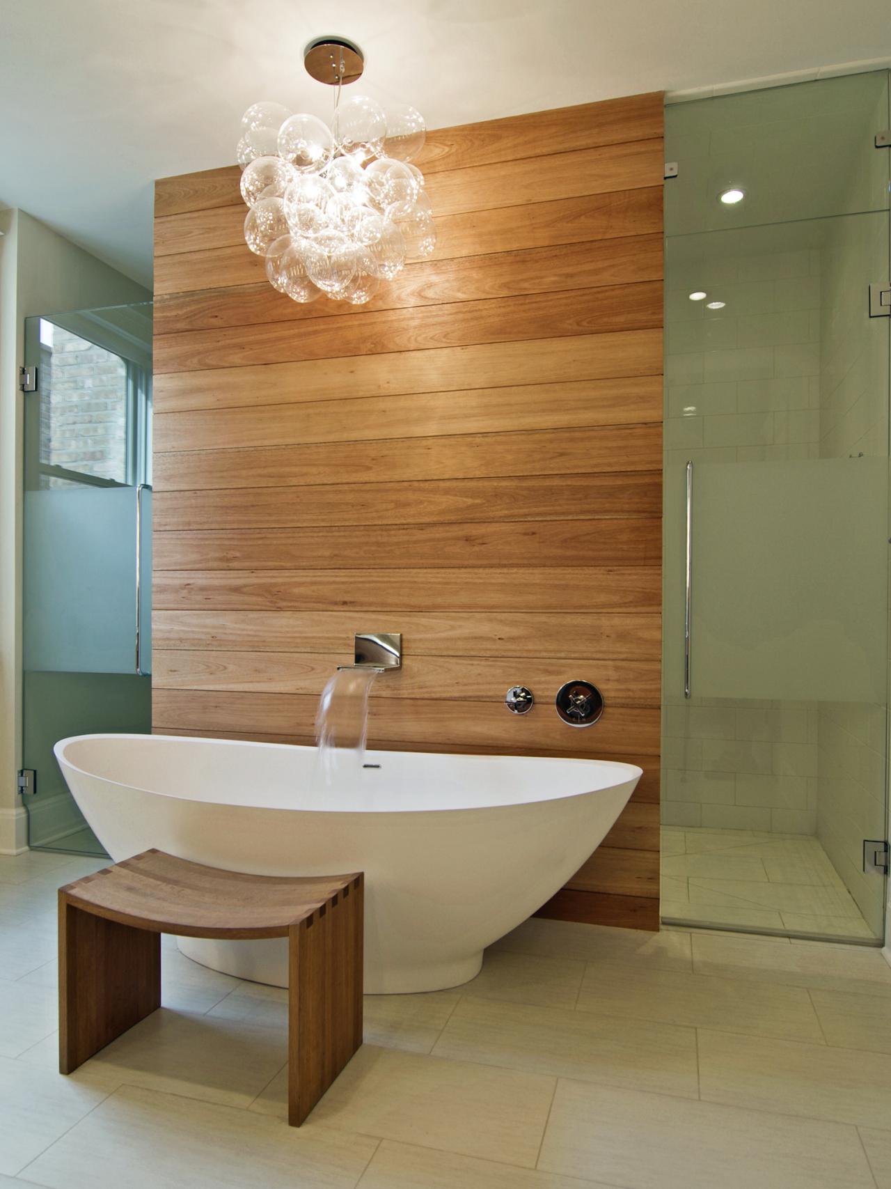 contemporary master bath, the warmth of natural wood balances the stark elegance of the freestanding tub