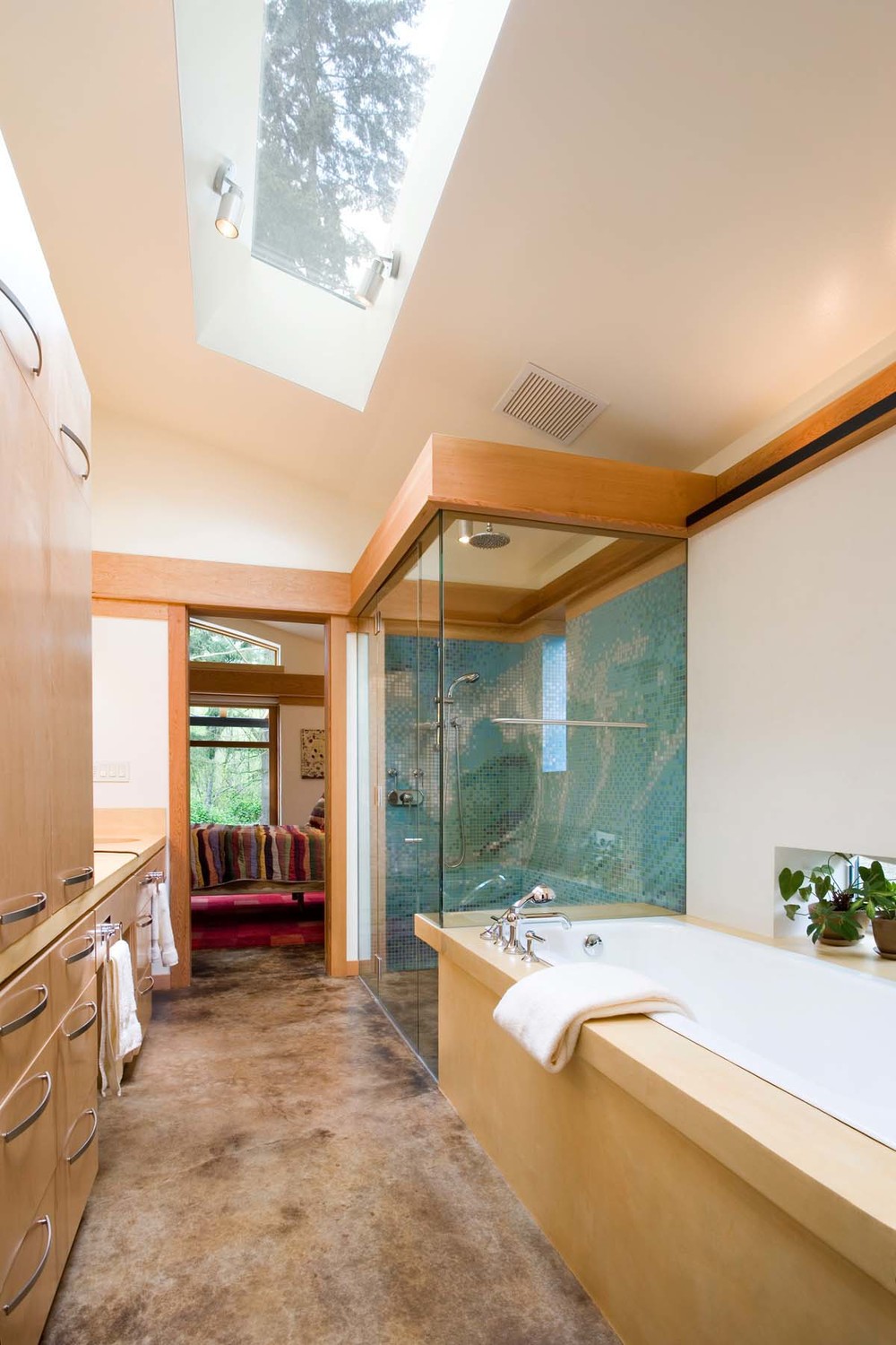 narrow modern bathroom an airy appeal with the skylight
