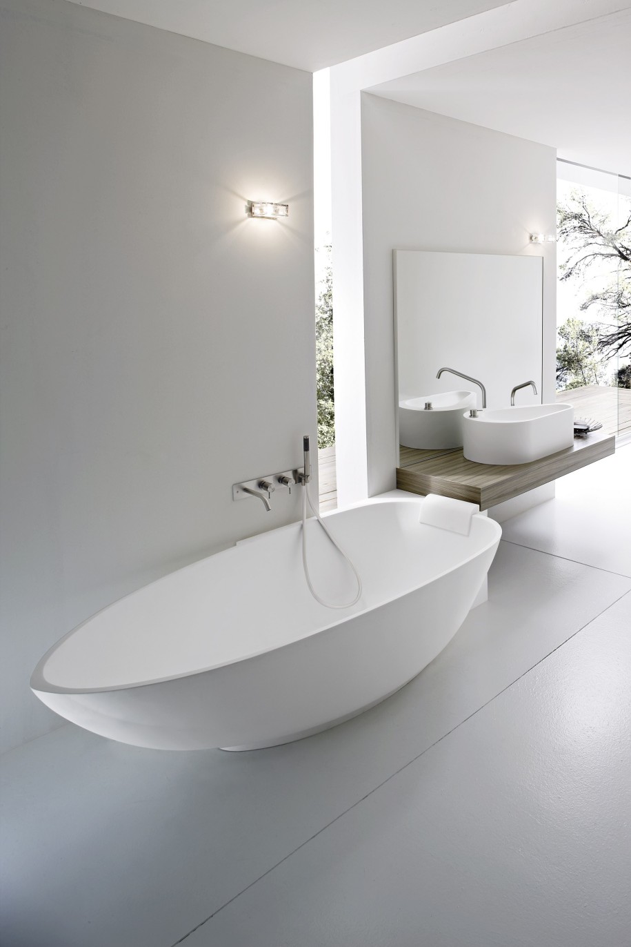 shiny bathroom with modern designer bathtub