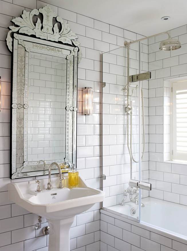 Half Glass wall in transitional bathroom with a pedestal sink