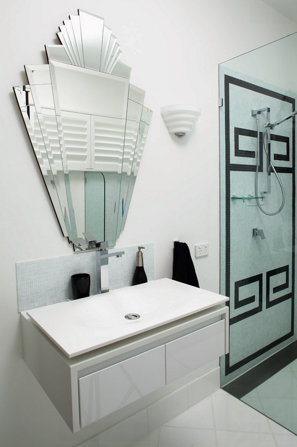 fabulous mirror contemporary bathroom in Brisbane with a vessel sink and white cabinets