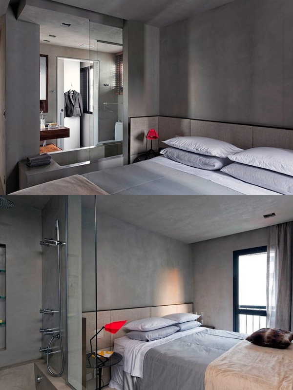 Gray bedroom with integrated bathroom