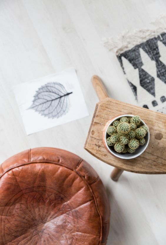 Genuine leather pouf With Small Plant on Small Table