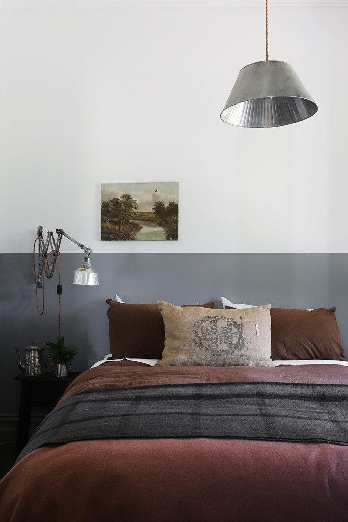 shades of chocolate and gray with industrial lighting fixtures in three guest bedrooms