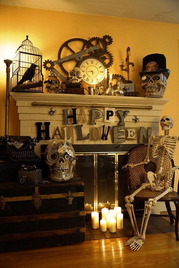 Skeleton near Living room Fireplace Halloween Decor