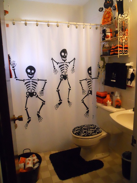 Skeleton shower curtain Halloween themed bathroom