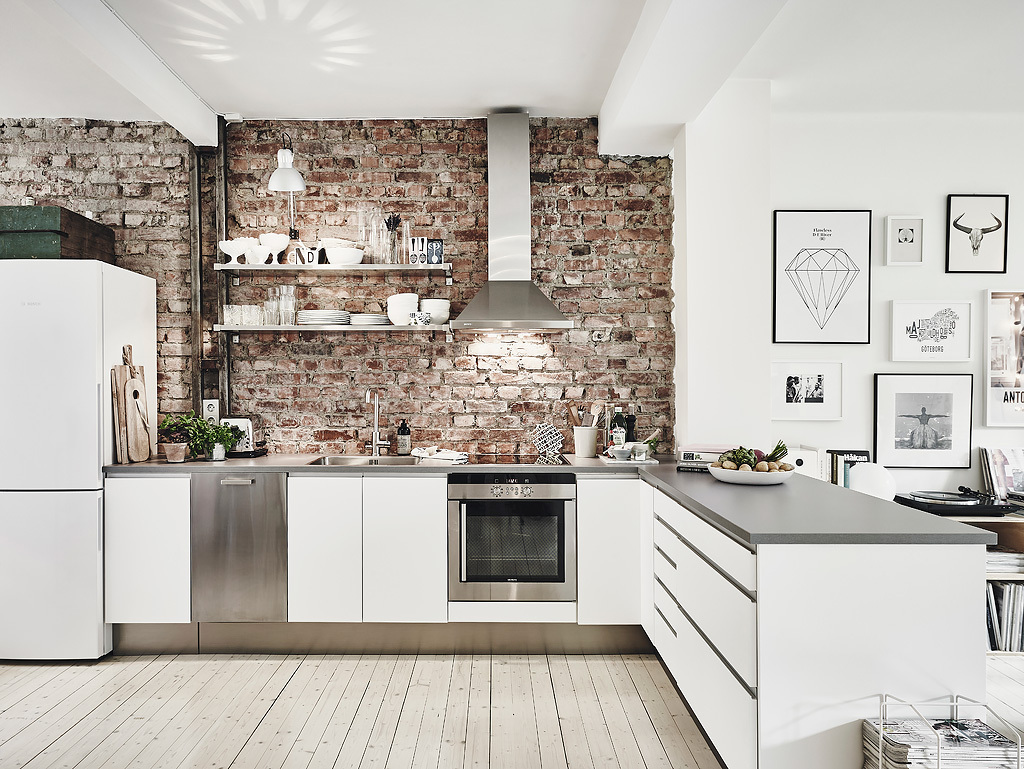 brick wall in the Scandinavian kitchen