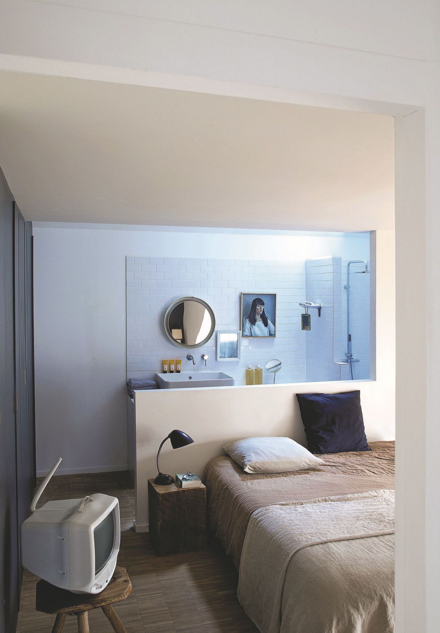 loft design bedroom with open bathroom