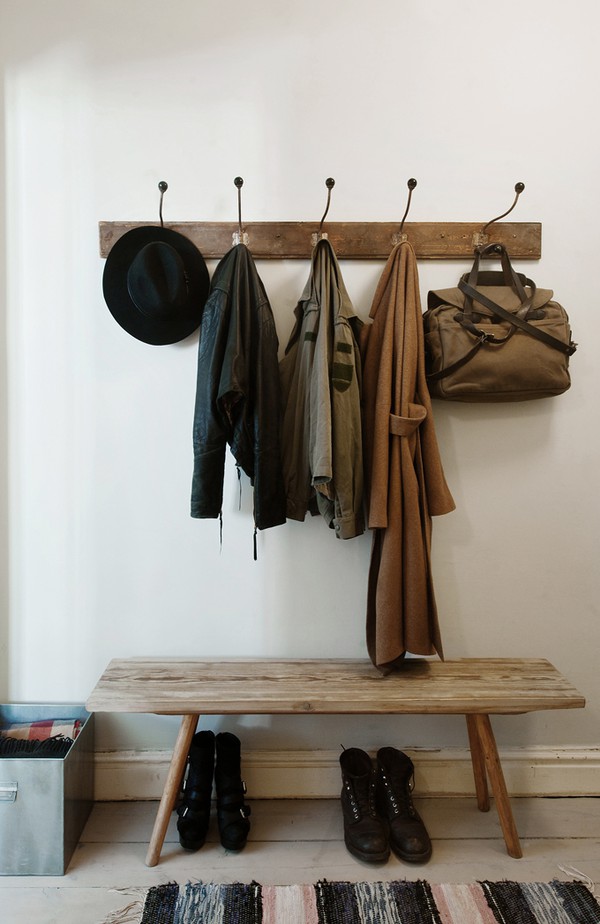 wooden wall mounted coat rack and seat