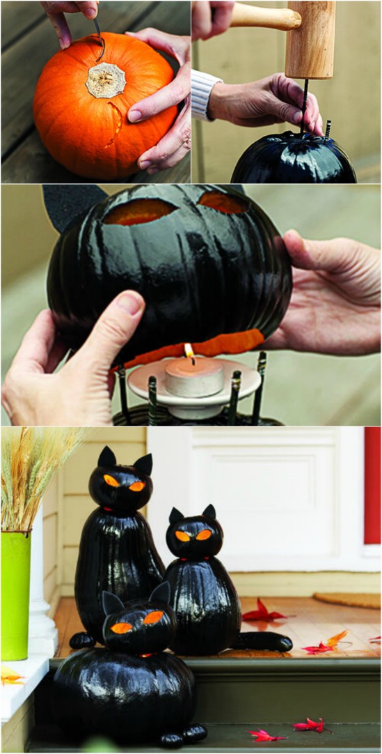 2 black cat pumpkin lanterns