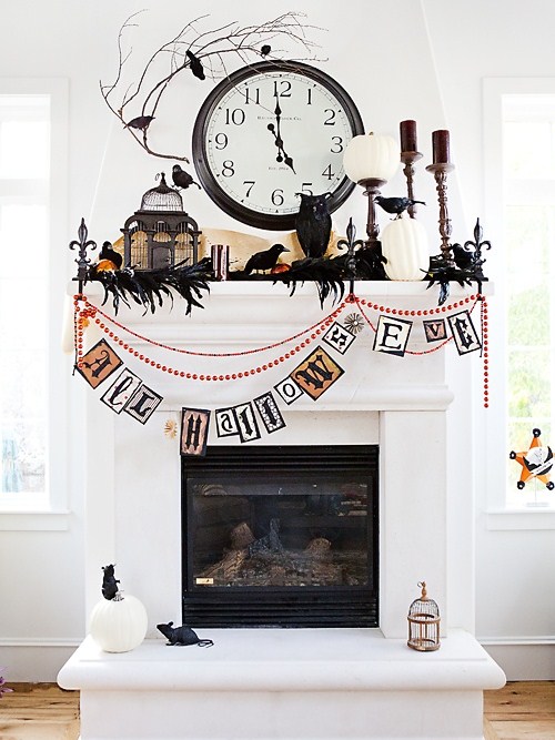 Black and White Halloween Fireplace Decorations