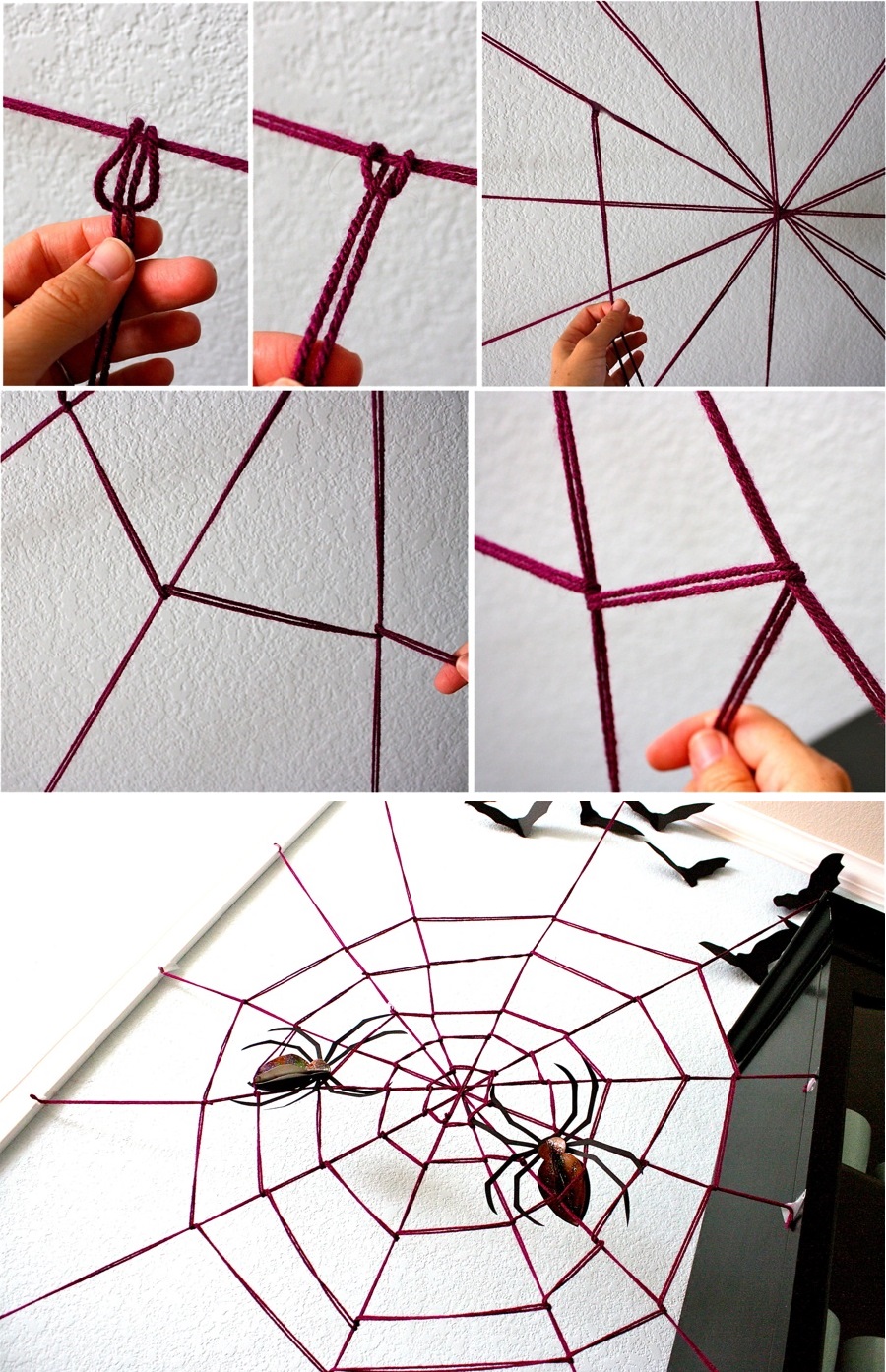 Creating the DIY yarn spider web