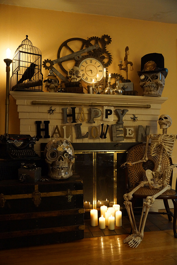 halloween decorations diy indoor decoration steampunk living fireplace decor decorating mantel holiday punk steam stylish cheap easy skeleton depot table