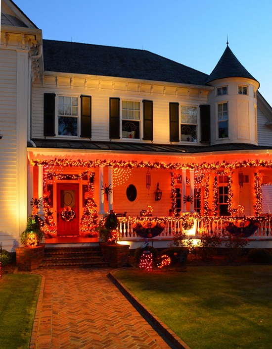 Front Porch Decorated for Halloween with Lights