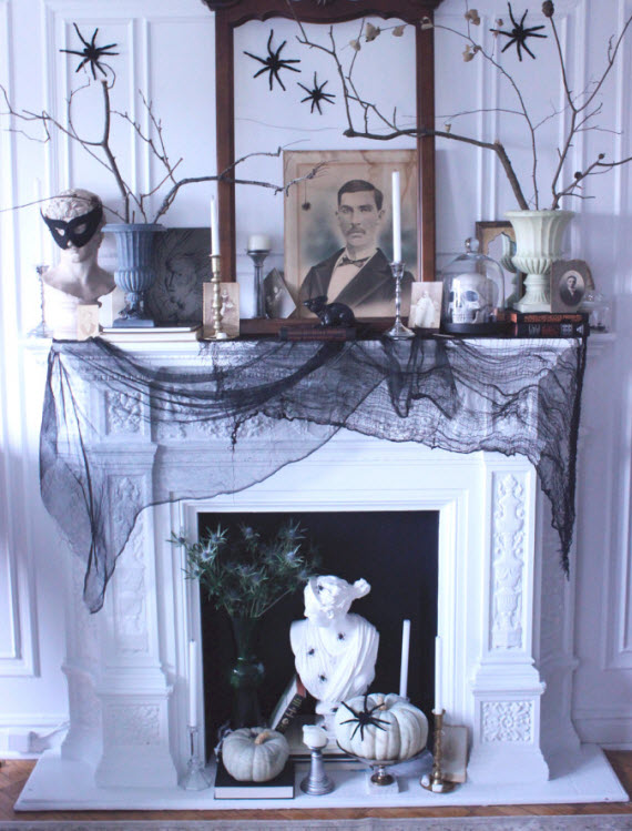 black and white fireplace halloween decor