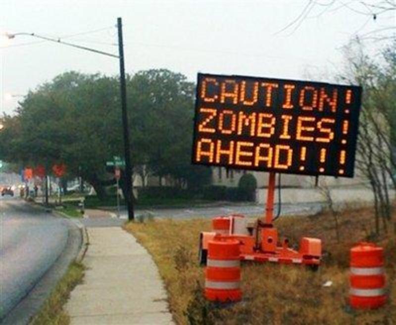 caution zombies ahead road sign