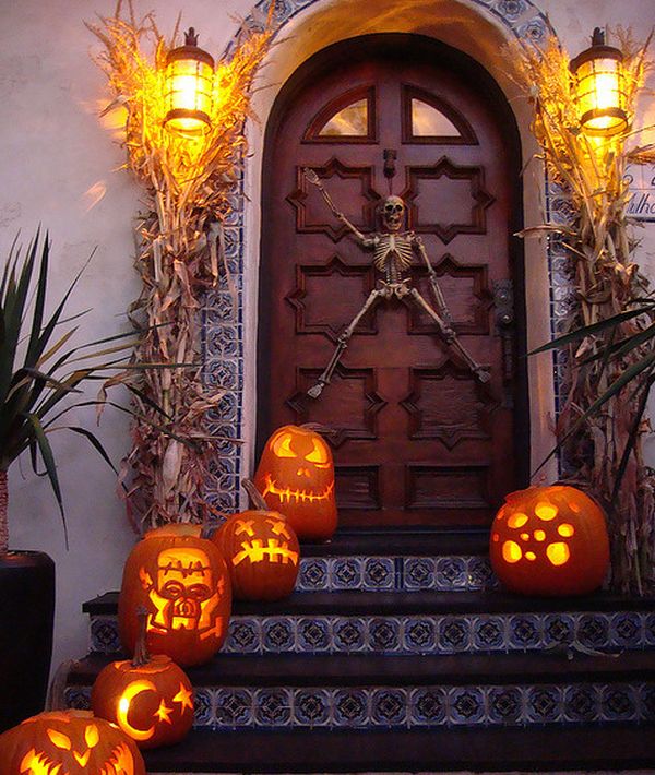 stairs pumpkins lantern skeleton door halloween decor