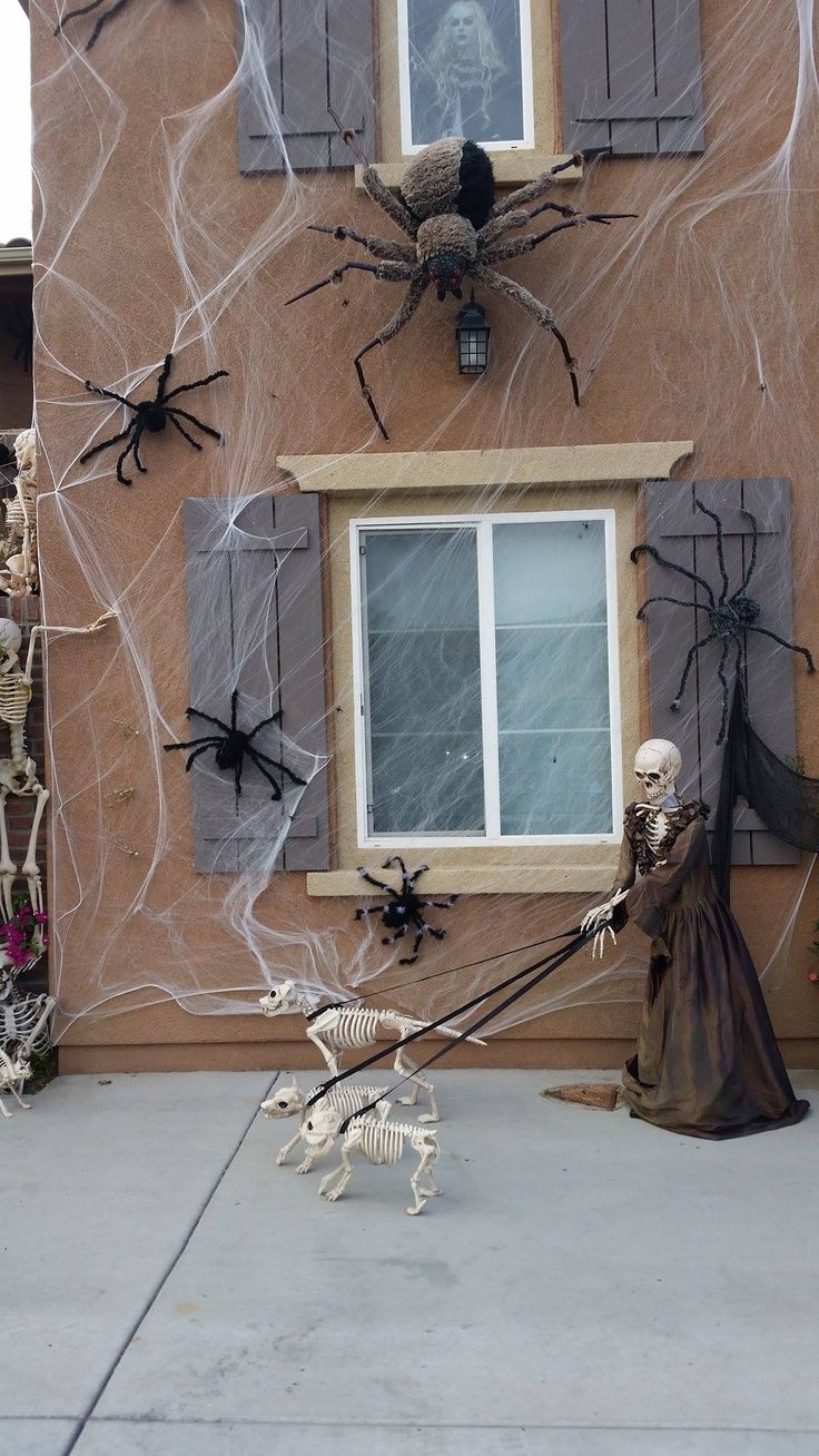 ghost in the window, skeleton dog, spider exterior halloween decorations