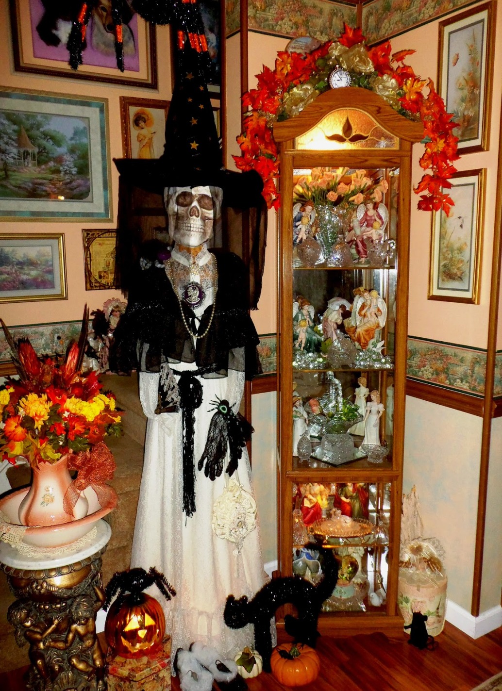 scary halloween skull in white color wear black hat wooden classy