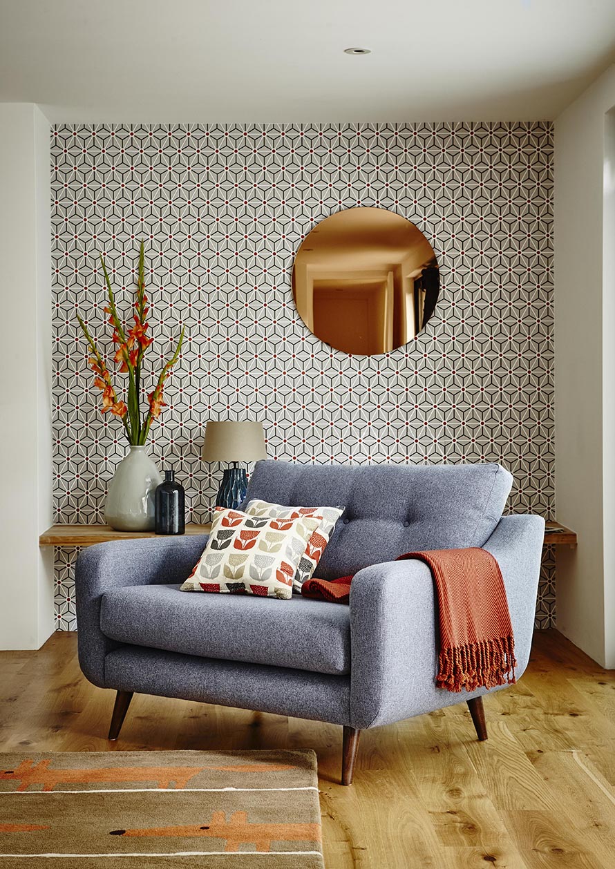 Round Copper Wall Mirror and Wallpaper Combination Modern Living Room